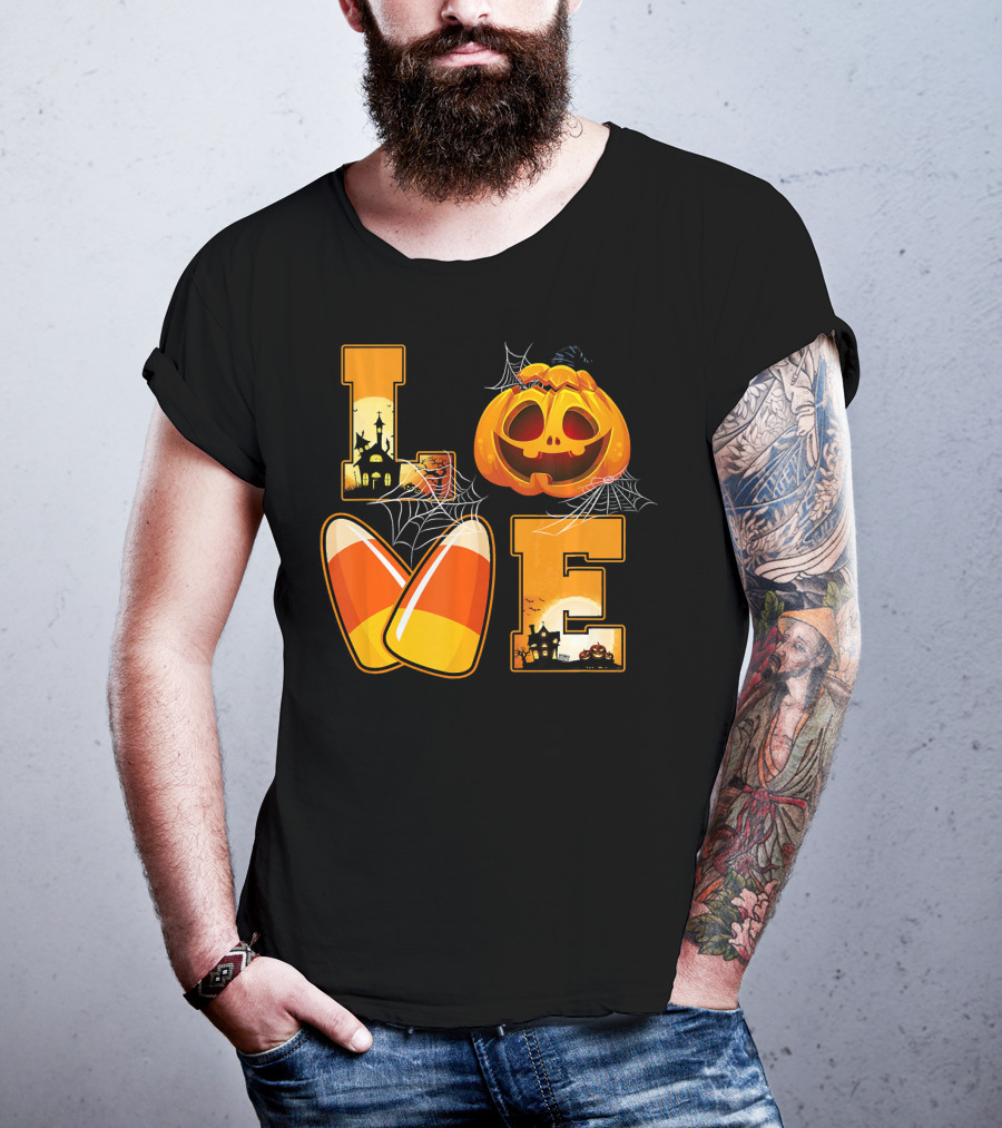 Love Candy Corn Pumpkin Halloween Spiderwebs T-Shirt