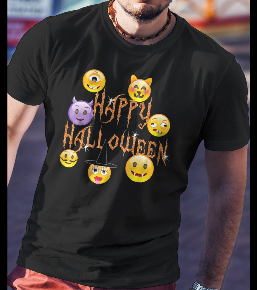 Happy Halloween Emoji Faces Devil Cat Vampire Witch Pumpkin Monster Cyclops T-Shirt