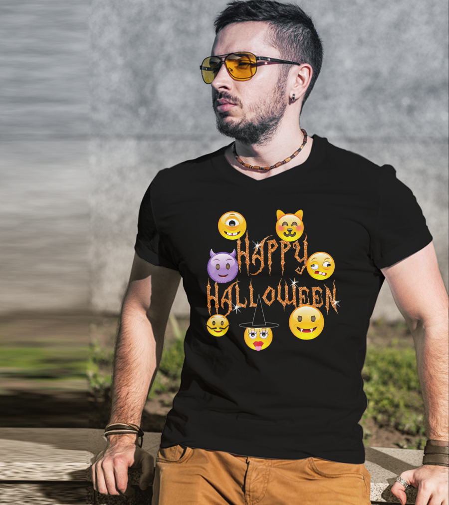Happy Halloween Emoji Faces Devil Cat Vampire Witch Pumpkin Monster Cyclops T-Shirt