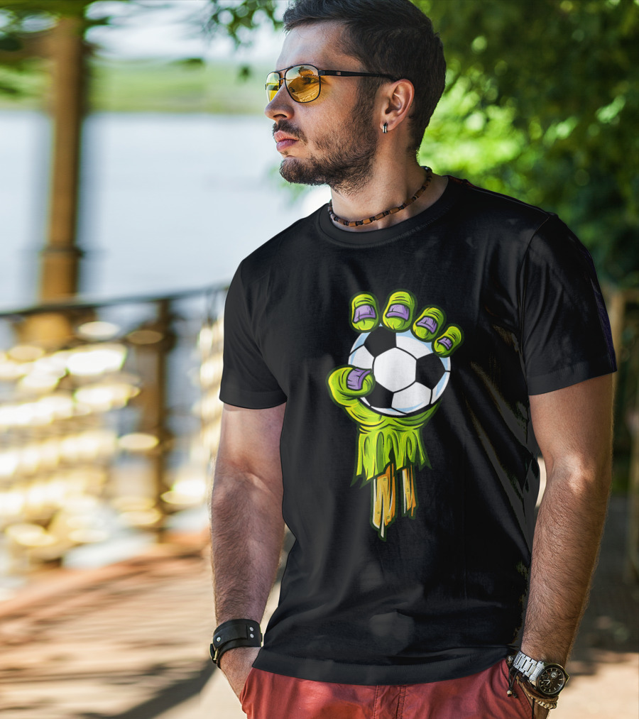 Zombie Hands Grabbing Soccer Ball Funny Horror Scary T-Shirt