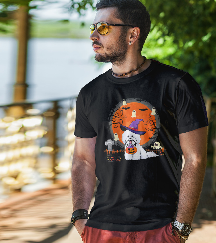 Bichon Frise Dog Witch Halloween Ghosts Jack-o'-Lantern T-Shirt
