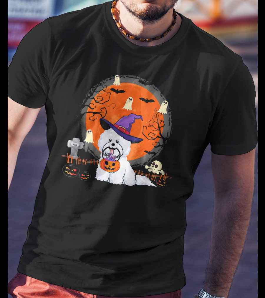 Bichon Frise Dog Witch Halloween Ghosts Jack-o'-Lantern T-Shirt