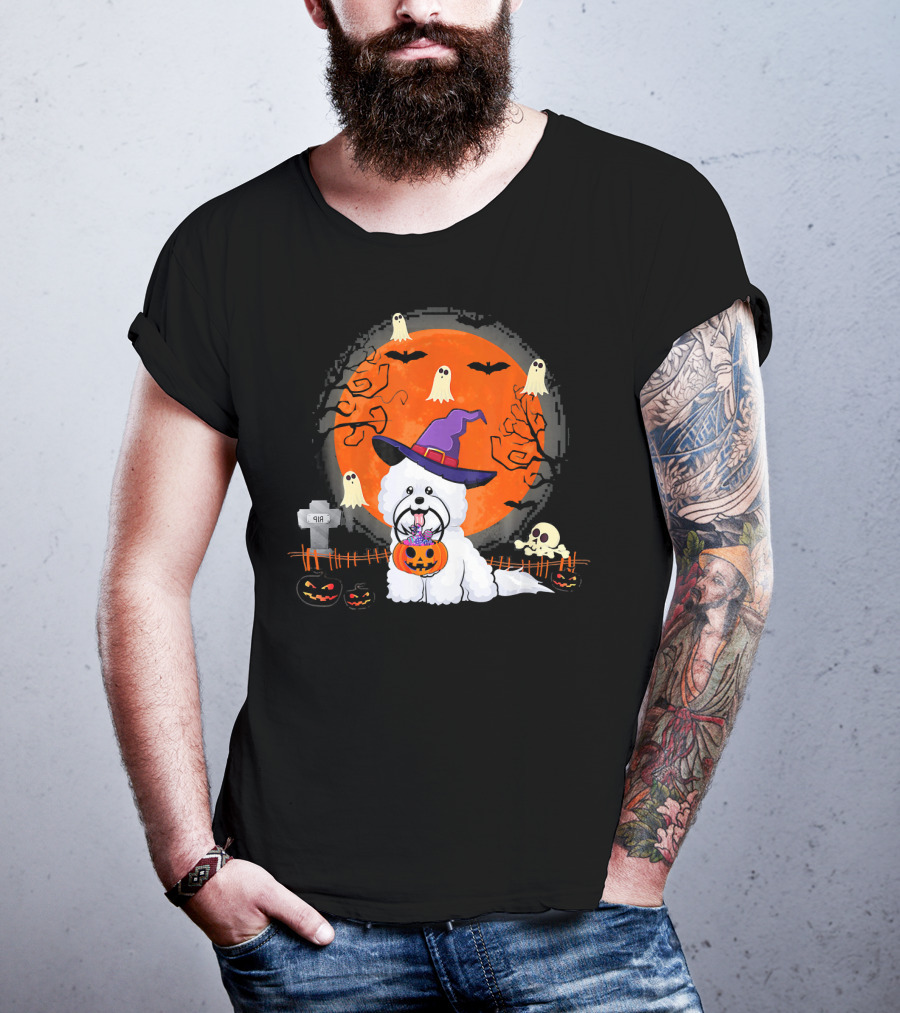 Bichon Frise Dog Witch Halloween Ghosts Jack-o'-Lantern T-Shirt