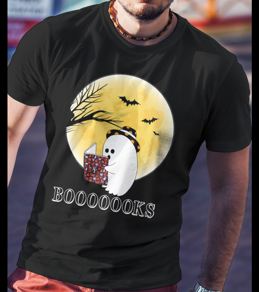 Booooooks Boo Ghost Reading Under The Full Moon Halloween T-Shirt