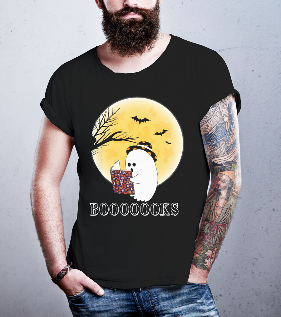 Booooooks Boo Ghost Reading Under The Full Moon Halloween T-Shirt