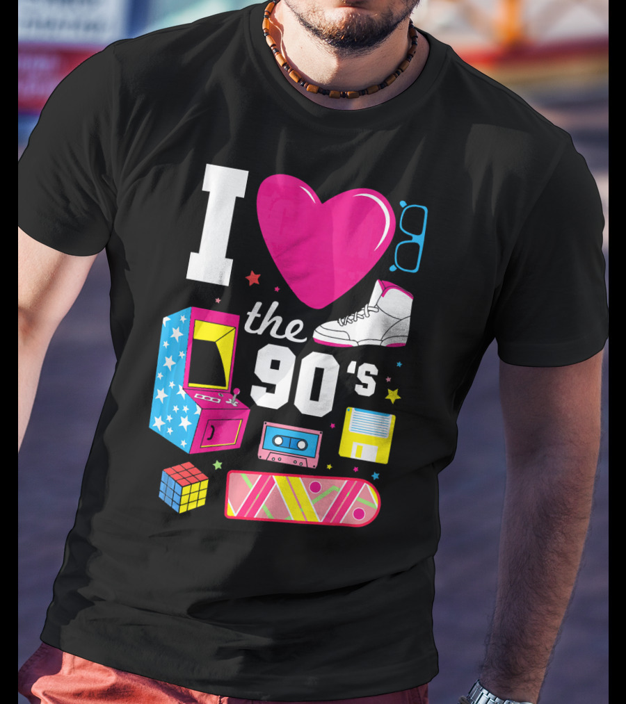 I Love The 90s Retro Arcade Cassette Sneaker Skateboard Rubik's Cube Floppy Disk T-Shirt