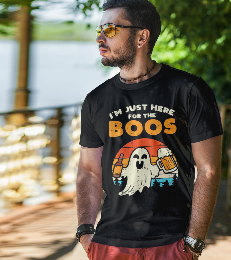 I'm Just Here For The Boos Retro Ghost With Drink And Bee T-Shirt