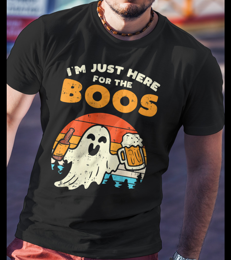 I'm Just Here For The Boos Retro Ghost With Drink And Bee T-Shirt