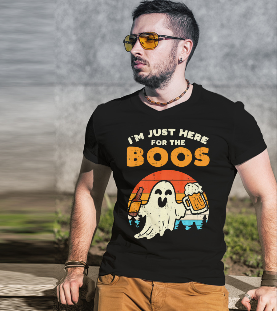 I'm Just Here For The Boos Retro Ghost With Drink And Bee T-Shirt