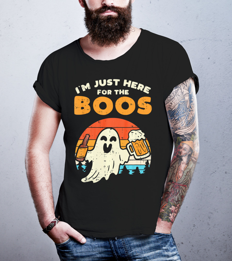 I'm Just Here For The Boos Retro Ghost With Drink And Bee T-Shirt