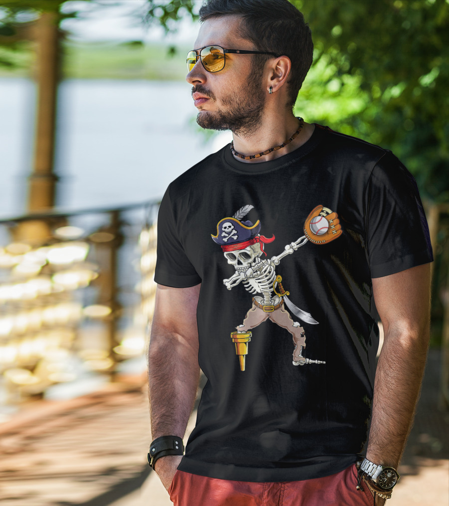 Pirate Skeleton Dabbing With Baseball Glove And Ball T-Shirt