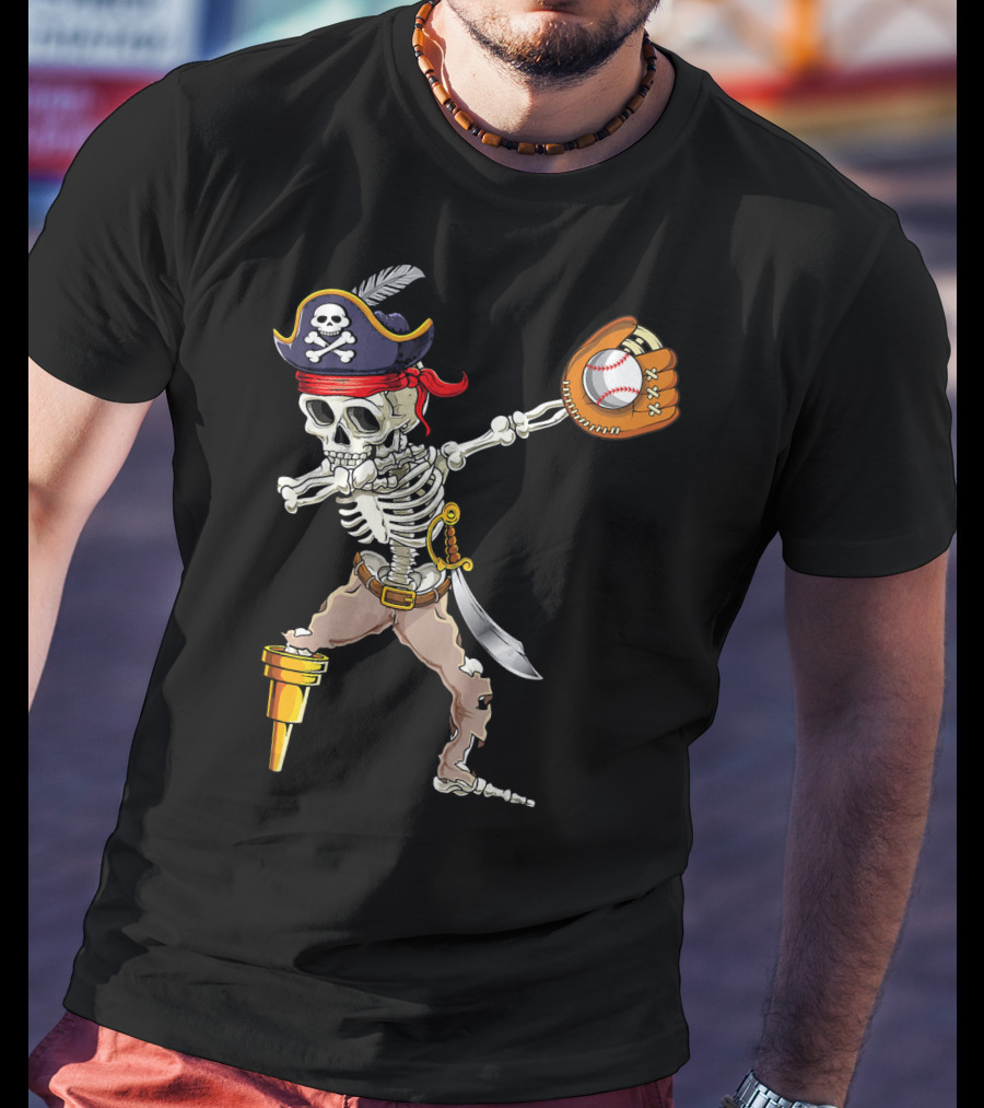 Pirate Skeleton Dabbing With Baseball Glove And Ball T-Shirt