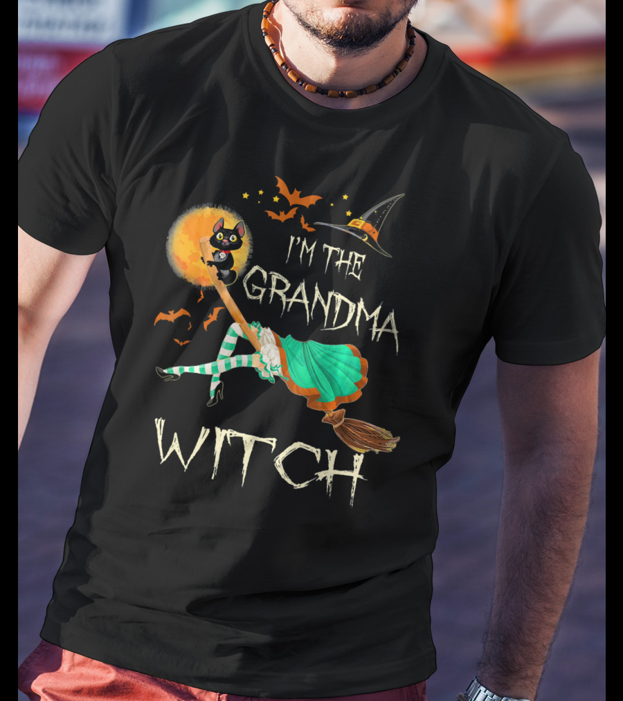 I'm The Grandma Witch Broomstick Flying Black Cat Halloween Bats T-Shirt