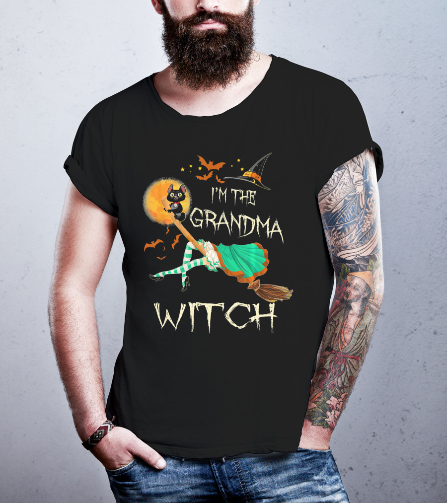 I'm The Grandma Witch Broomstick Flying Black Cat Halloween Bats T-Shirt