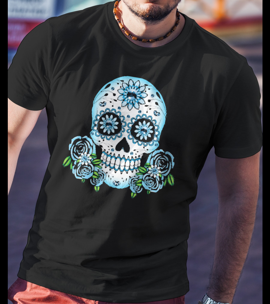 Blue Flowers Sugar Skull Día De Los Muertos Roses T-Shirt