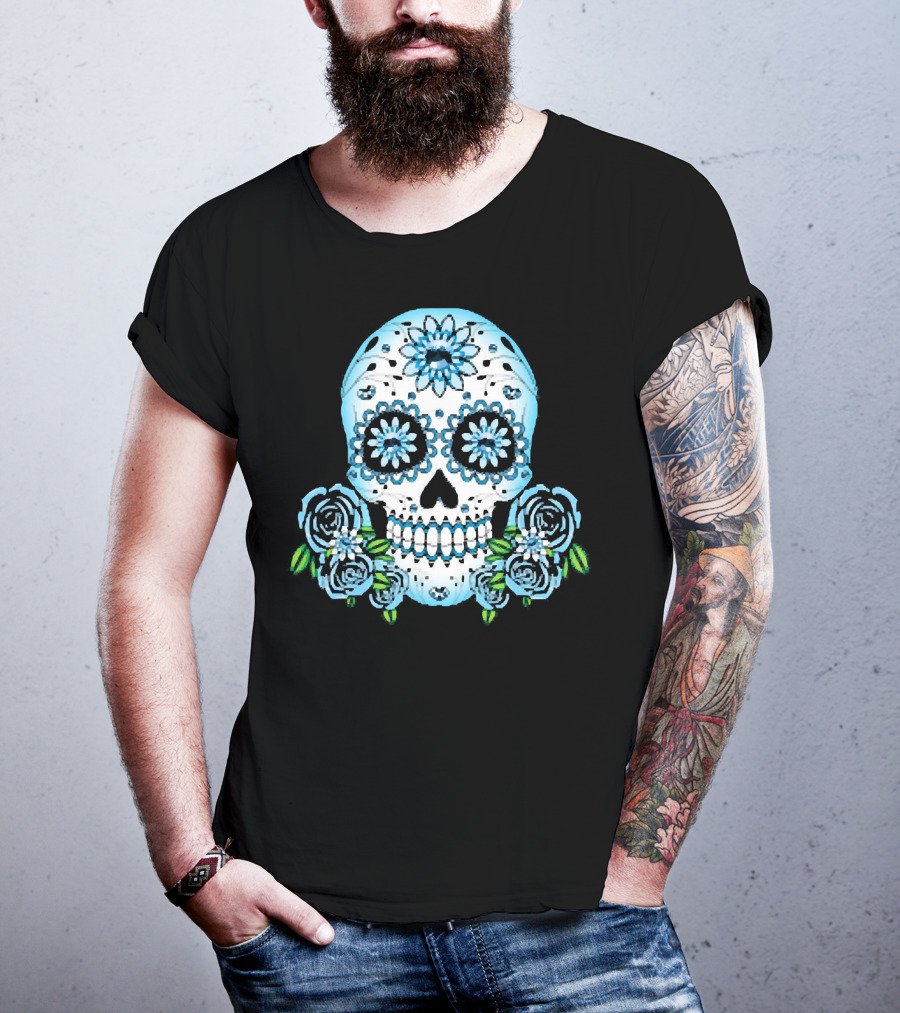Blue Flowers Sugar Skull Día De Los Muertos Roses T-Shirt