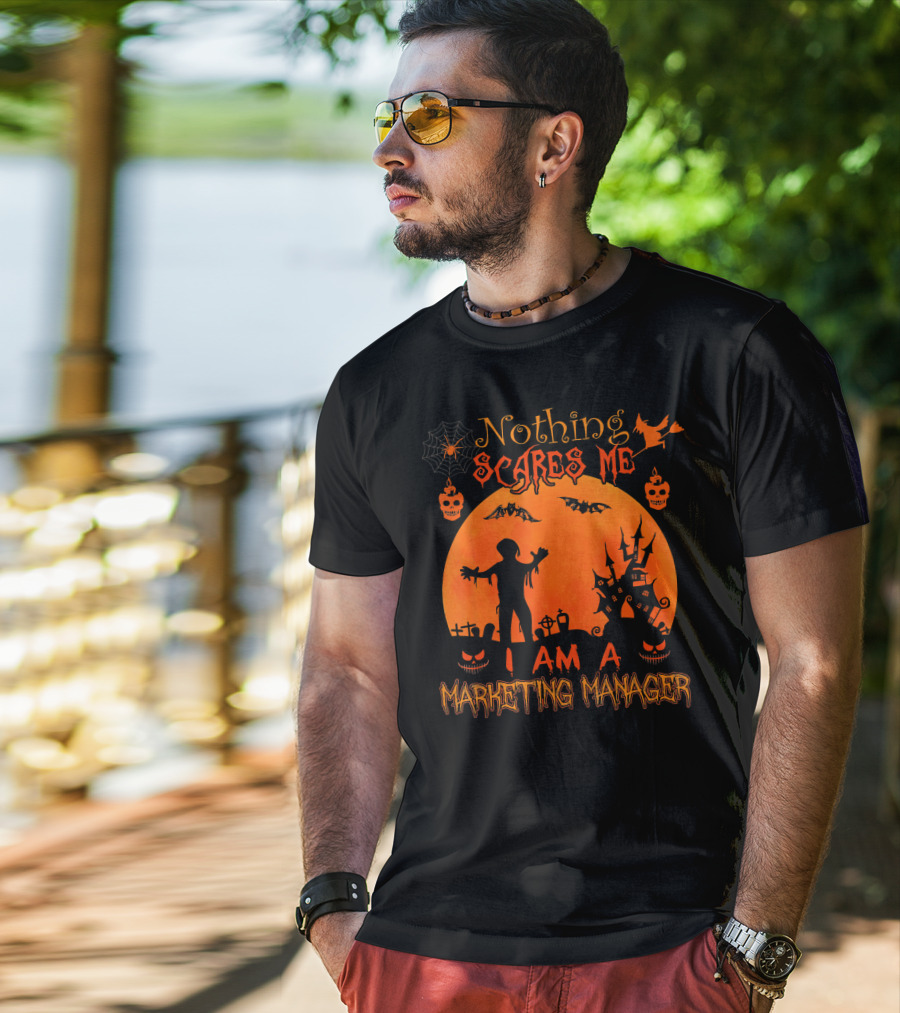 Nothing Scares Me I Am A Marketing Manager Halloween Zombies Haunted House Bats Spiderweb T-Shirt