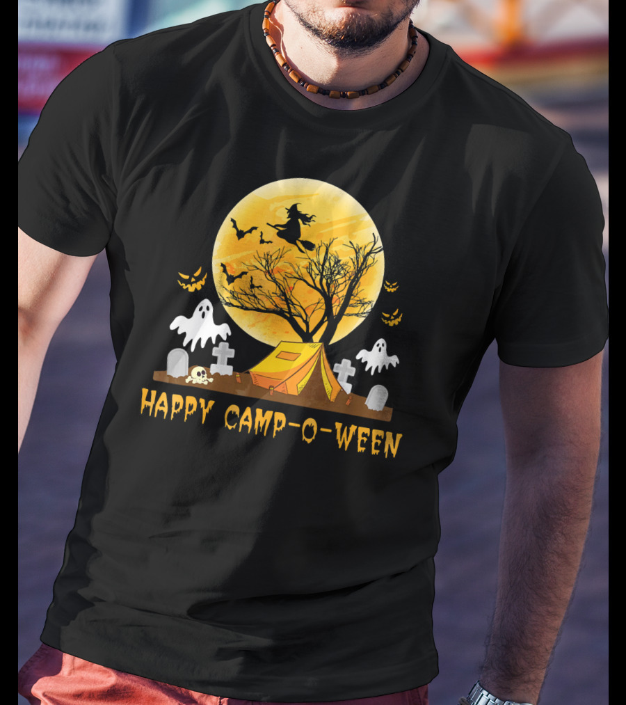 Happy Camp-O-Ween Witch Ghosts Halloween Camping Graveyard Moon T-Shirt