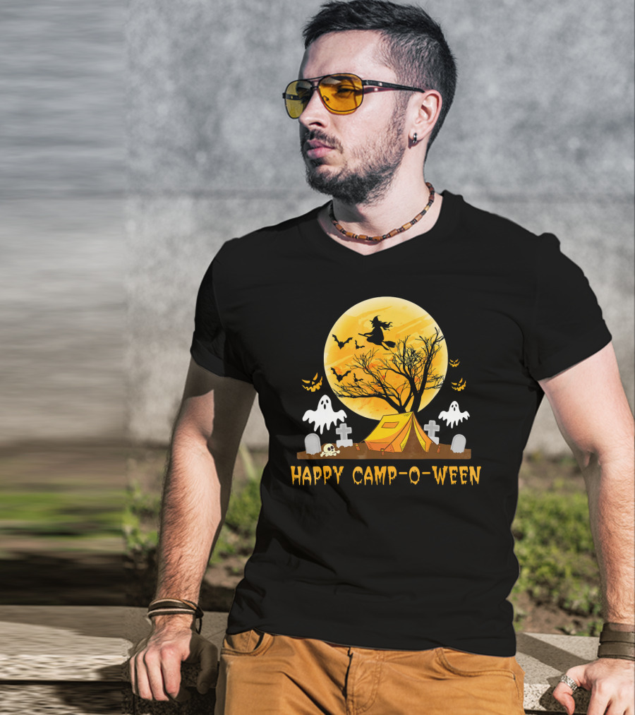 Happy Camp-O-Ween Witch Ghosts Halloween Camping Graveyard Moon T-Shirt