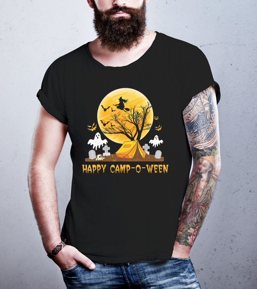 Happy Camp-O-Ween Witch Ghosts Halloween Camping Graveyard Moon T-Shirt