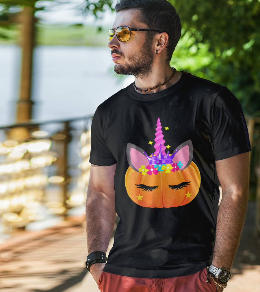 Halloween Pumpkin Unicorn With Floral Crown And Stars T-Shirt