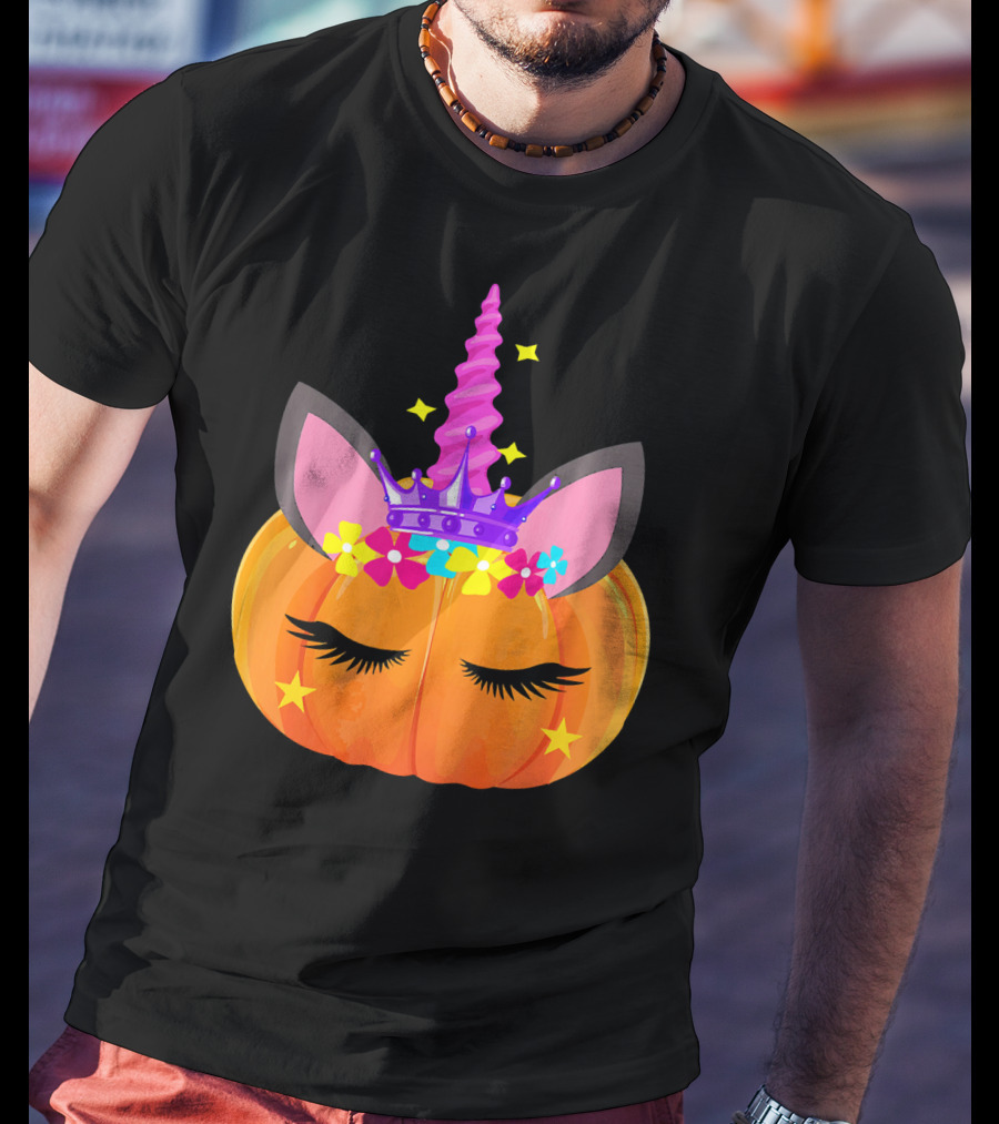 Halloween Pumpkin Unicorn With Floral Crown And Stars T-Shirt