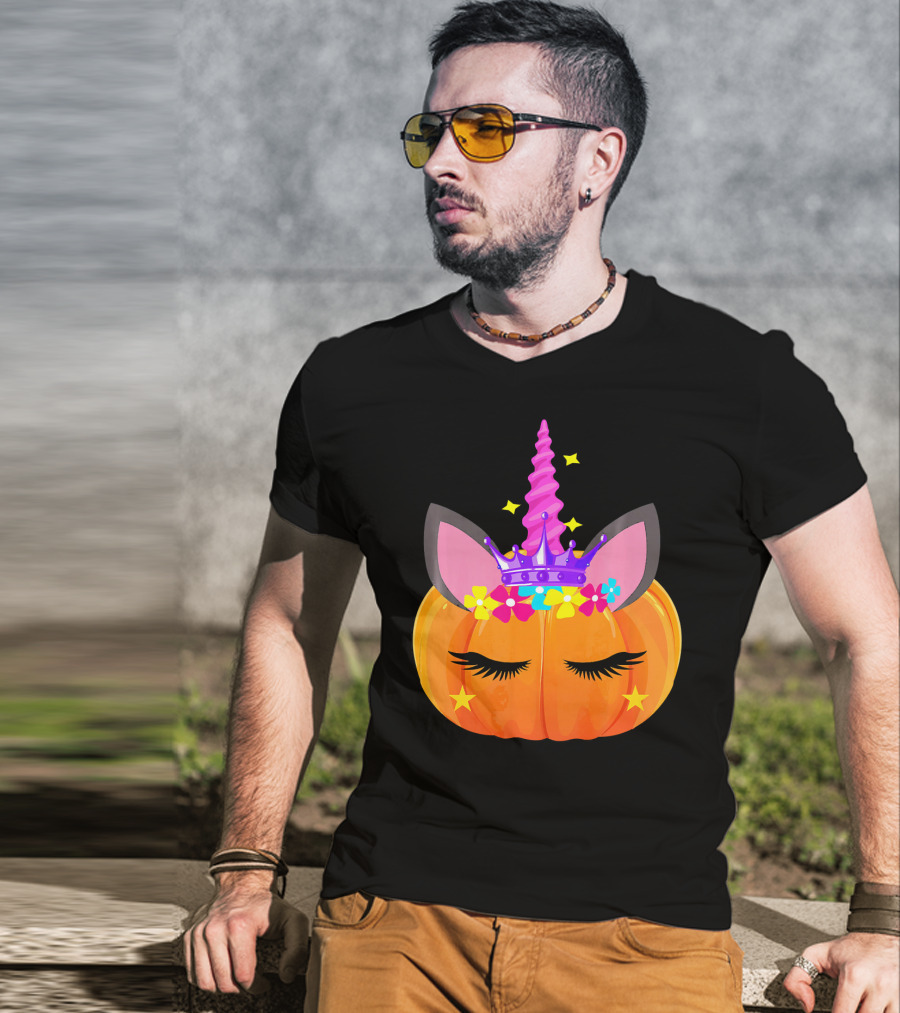 Halloween Pumpkin Unicorn With Floral Crown And Stars T-Shirt