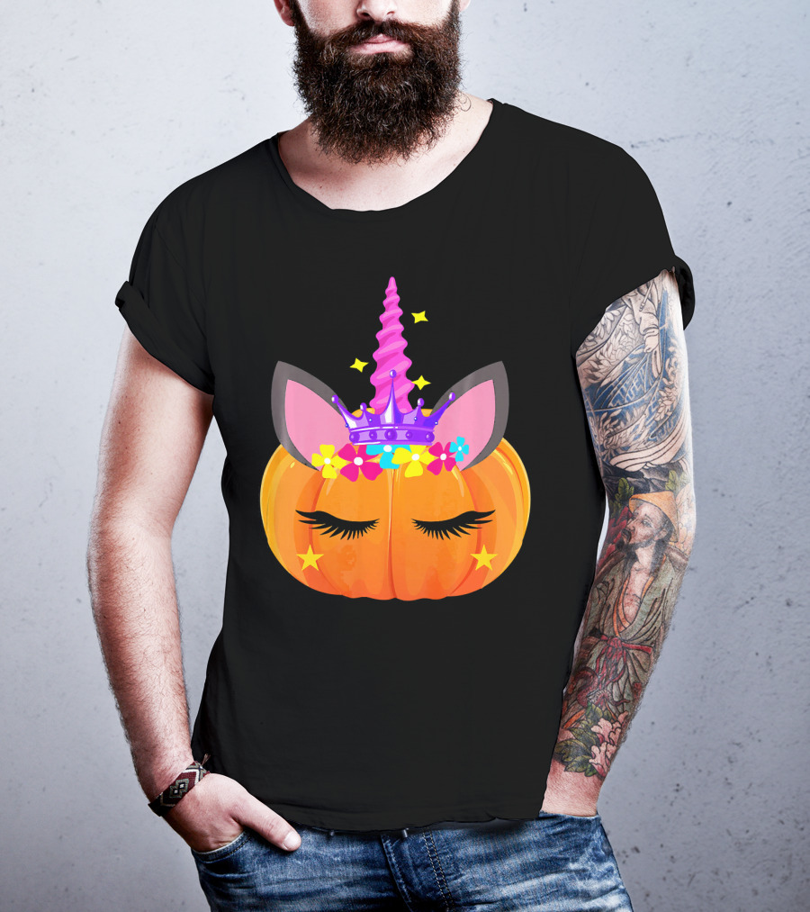 Halloween Pumpkin Unicorn With Floral Crown And Stars T-Shirt