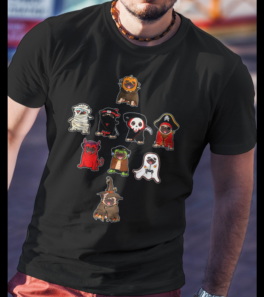 Pug Halloween Costume Lion Mummy Ninja Grim Reaper Pirate Devil Frankenstein Ghost Witch T-Shirt