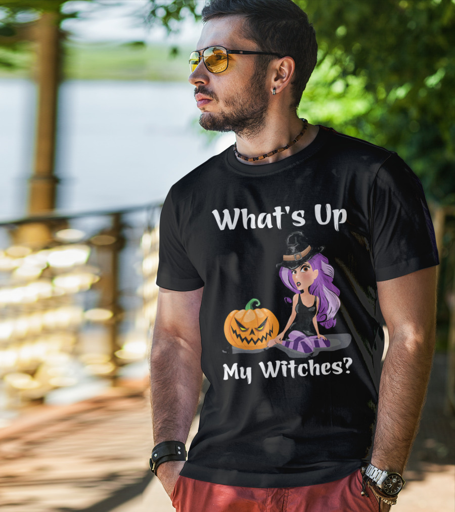 What's Up My Witches Funny Witch Pumpkin Halloween Purple Hat T-Shirt