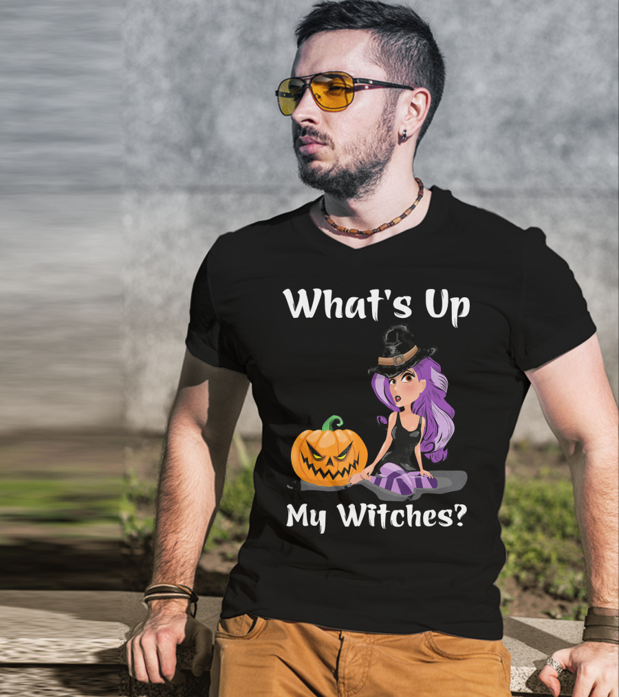 What's Up My Witches Funny Witch Pumpkin Halloween Purple Hat T-Shirt