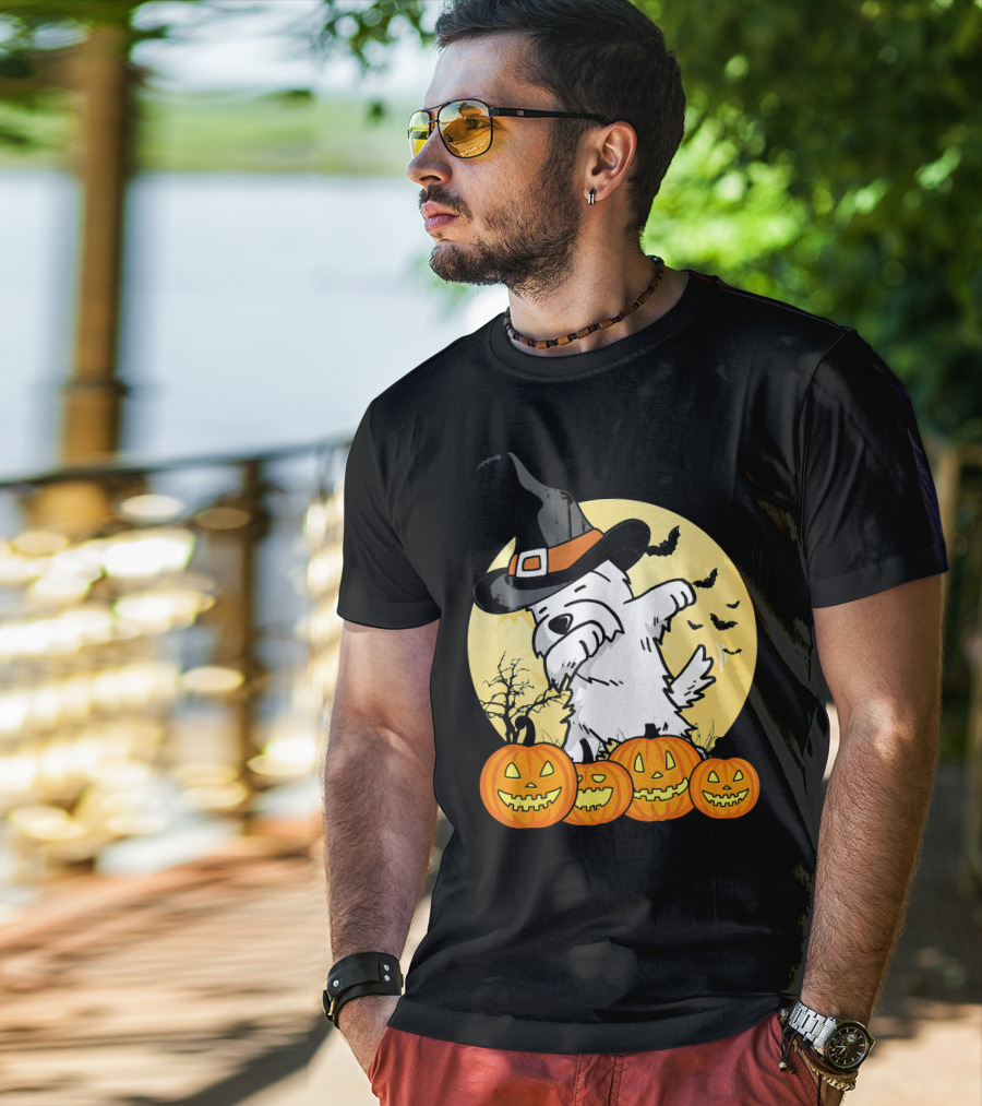 Funny Dabbing Westie Witch With Pumpkins And Bats Halloween Dog Dance T-Shirt