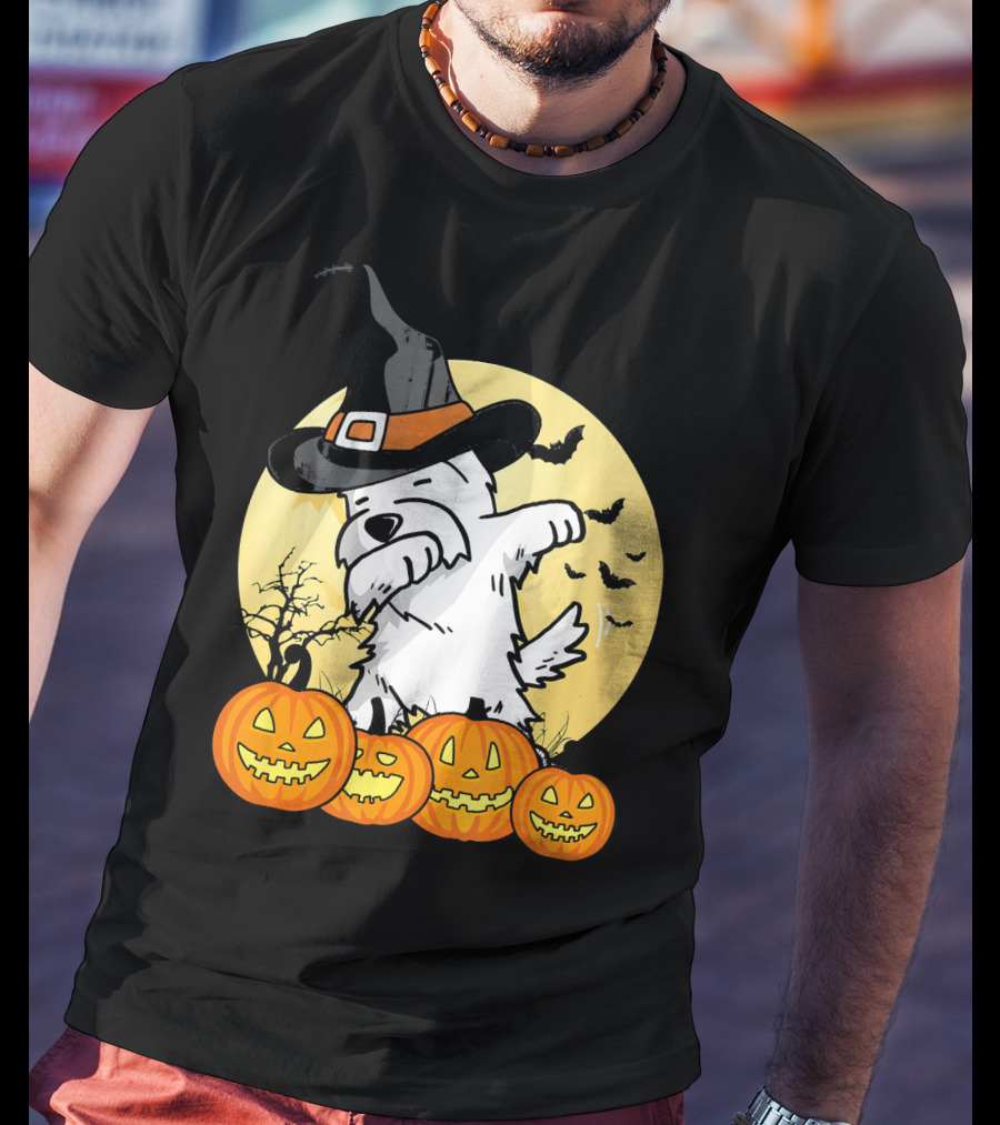 Funny Dabbing Westie Witch With Pumpkins And Bats Halloween Dog Dance T-Shirt