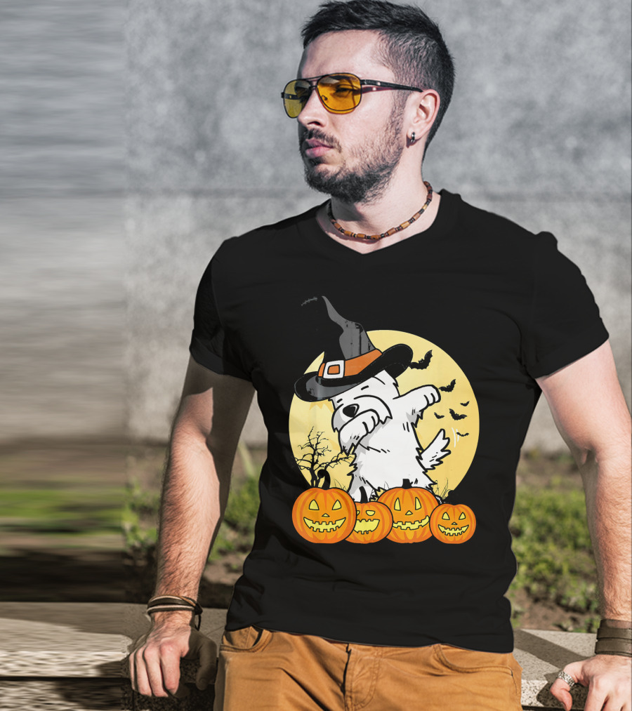 Funny Dabbing Westie Witch With Pumpkins And Bats Halloween Dog Dance T-Shirt