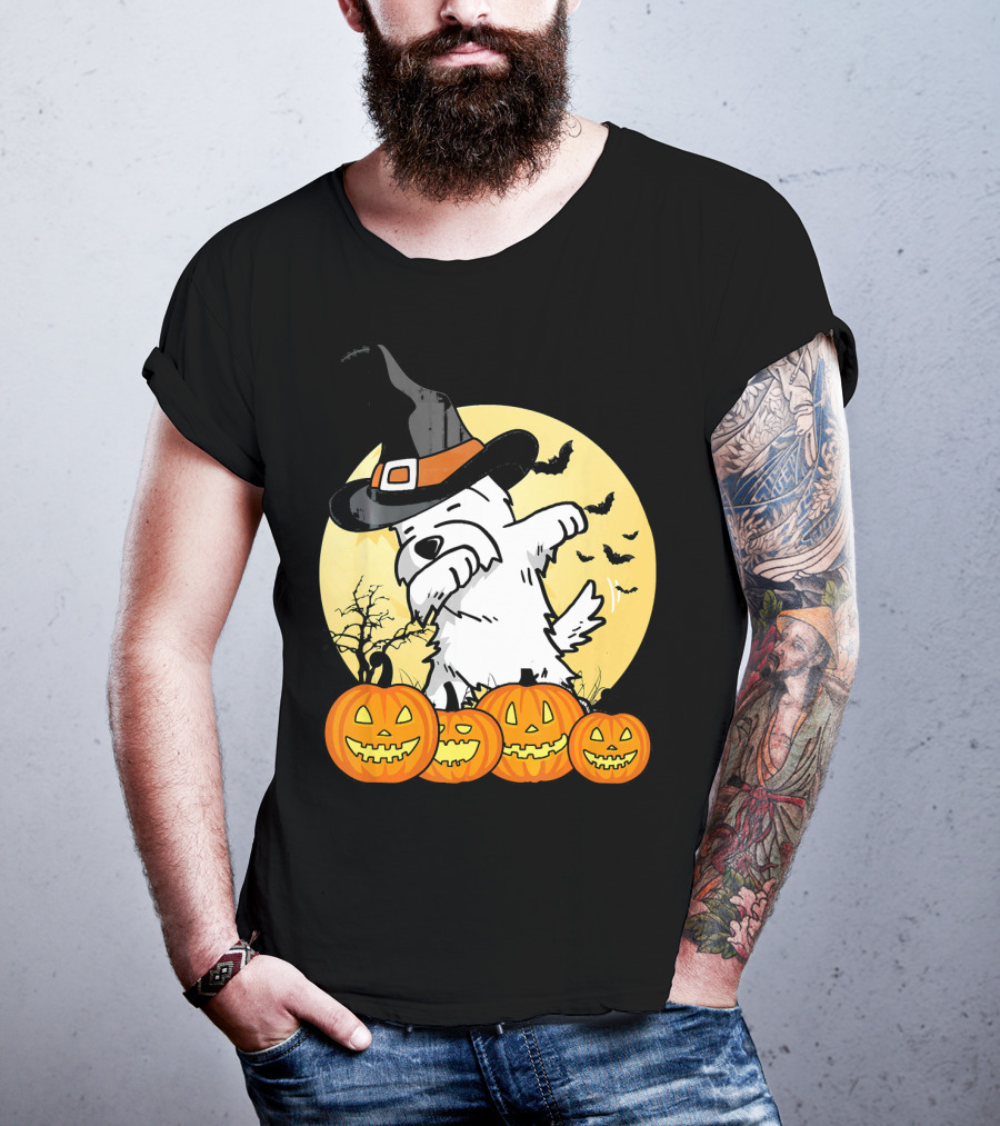 Funny Dabbing Westie Witch With Pumpkins And Bats Halloween Dog Dance T-Shirt