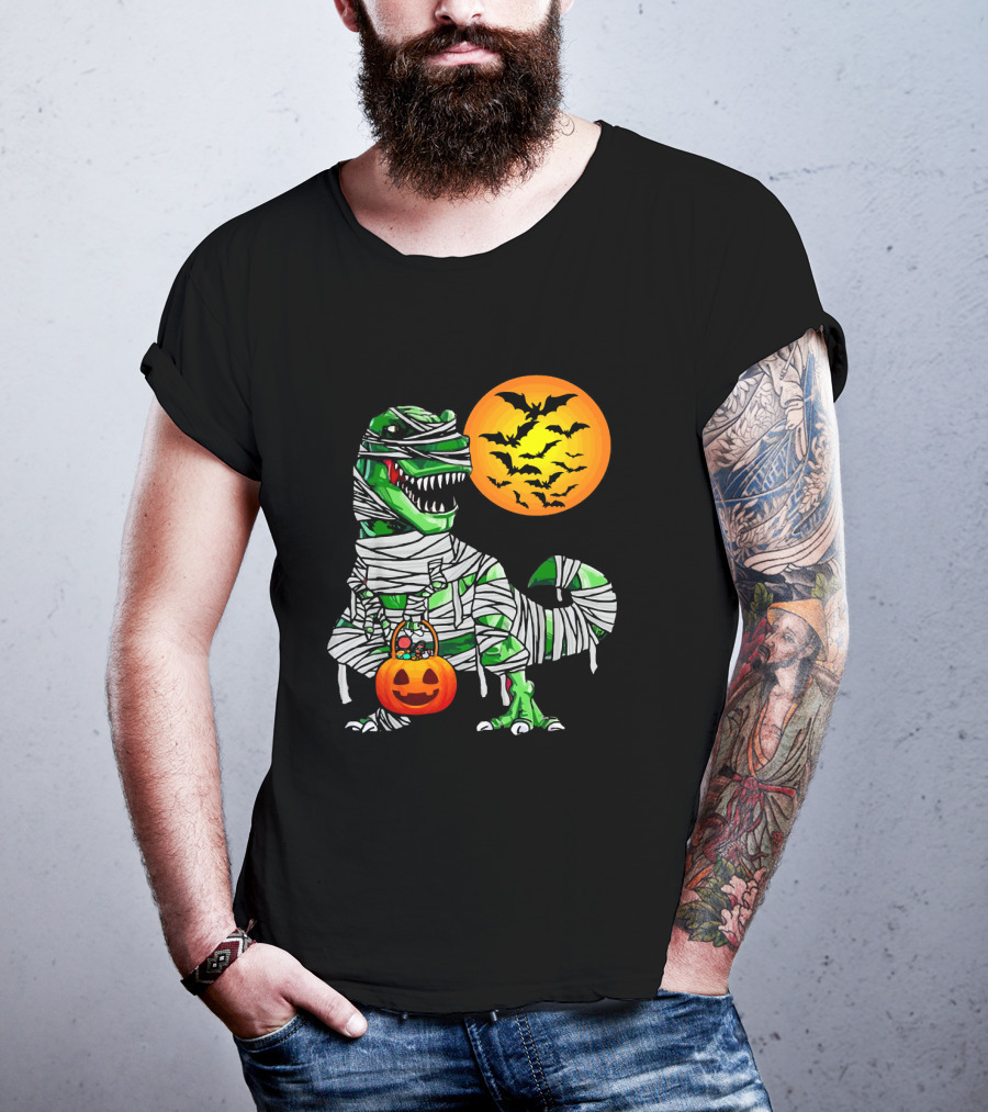 Tyrannosaurus Rex Dinosaur Mummy With Pumpkin And Bats Halloween Boy T-Shirt