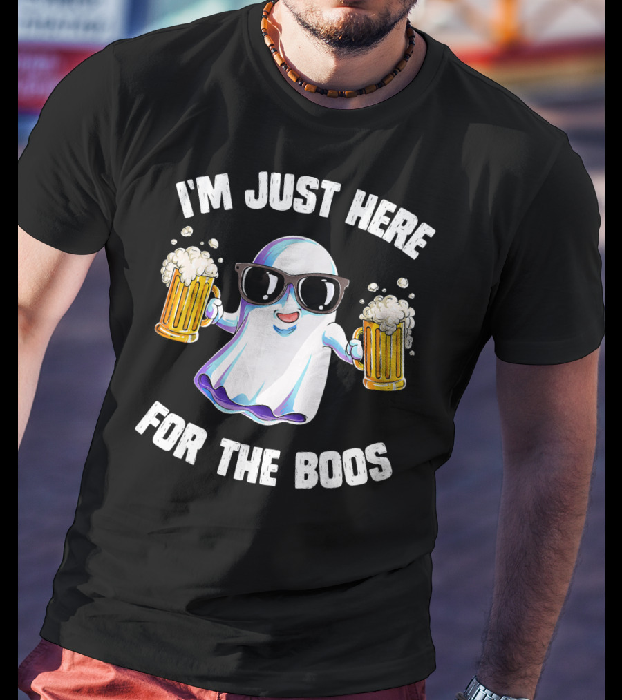 I'm Just Here For The Boos Ghost Holding Beer Mugs With Sunglasses T-Shirt