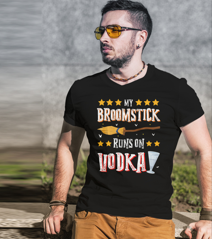 My Broomstick Runs On Vodka Funny Drinki Glass Stars T-Shirt