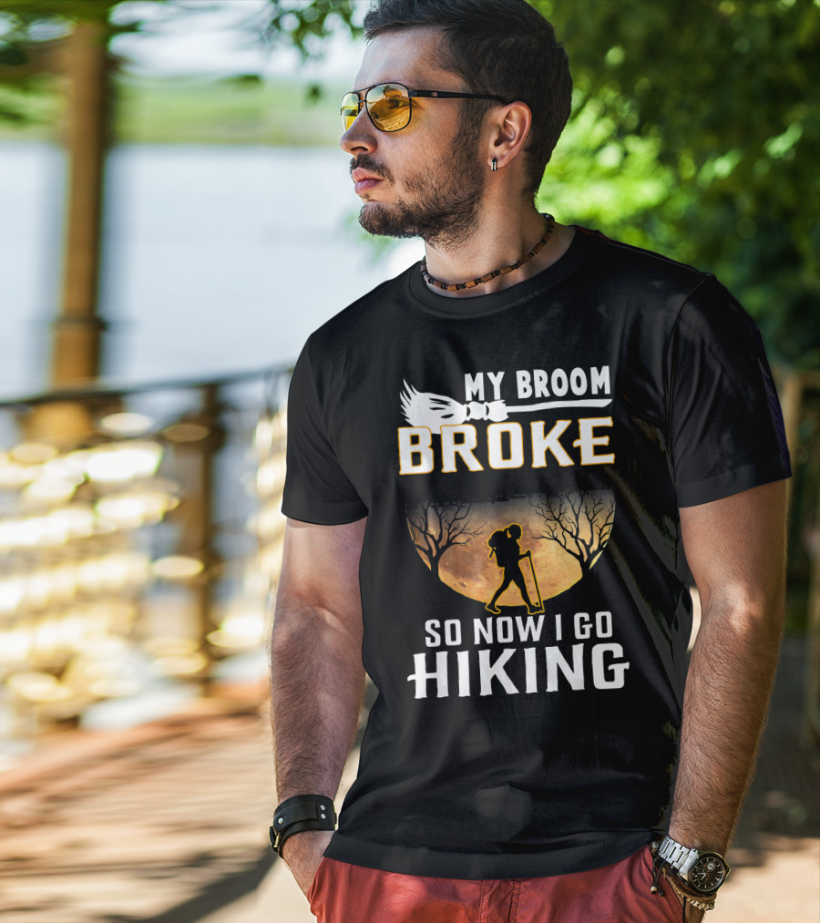 My Broom Broke So Now I Go Hiking Full Moon Silhouette Adventure T-Shirt