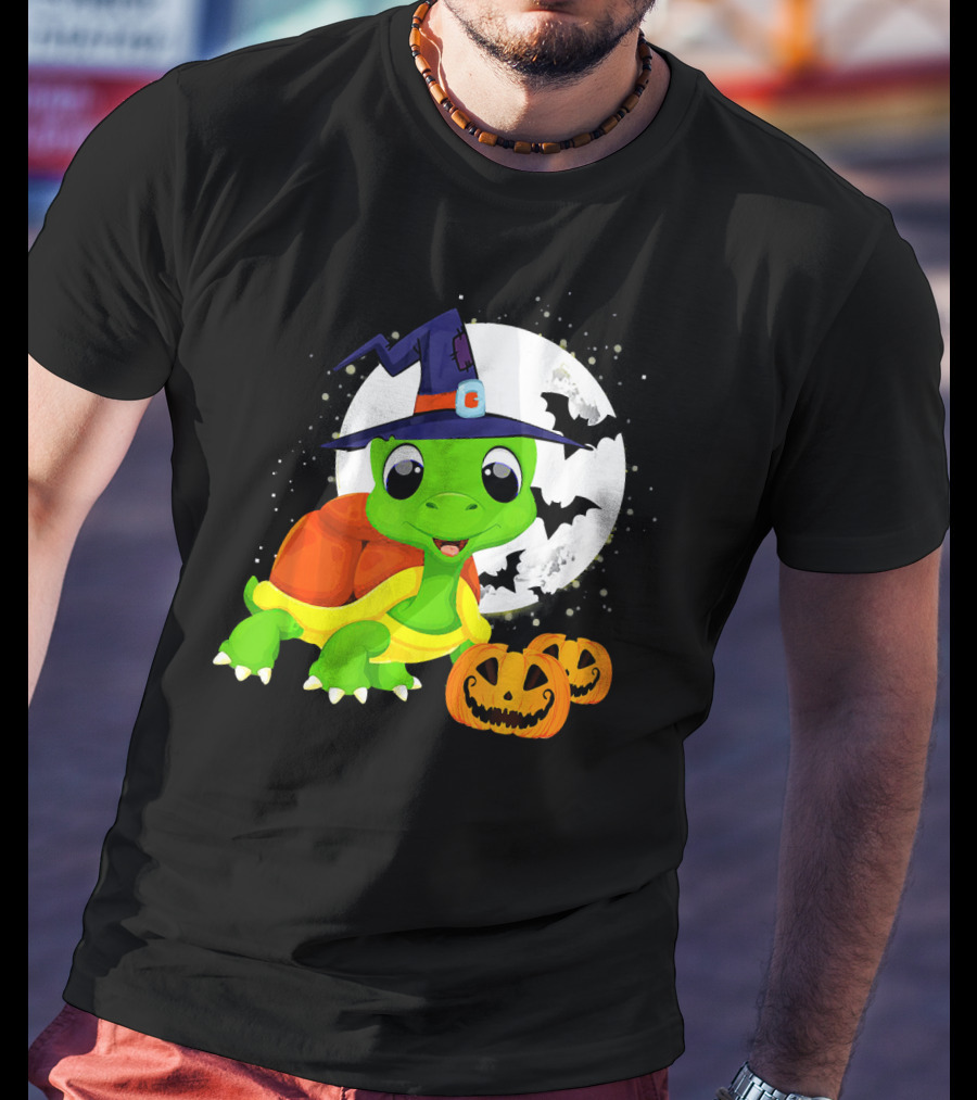 Turtle Witch Halloween Pumpkin Moon And Bats T-Shirt