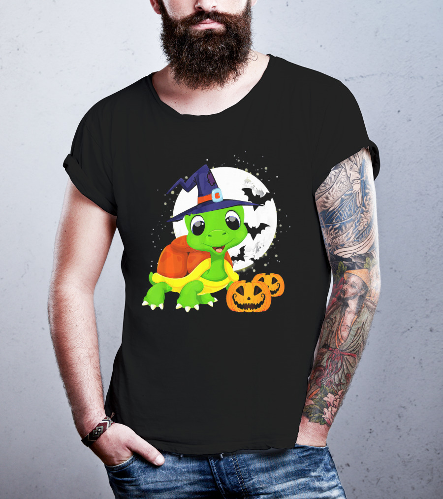 Turtle Witch Halloween Pumpkin Moon And Bats T-Shirt