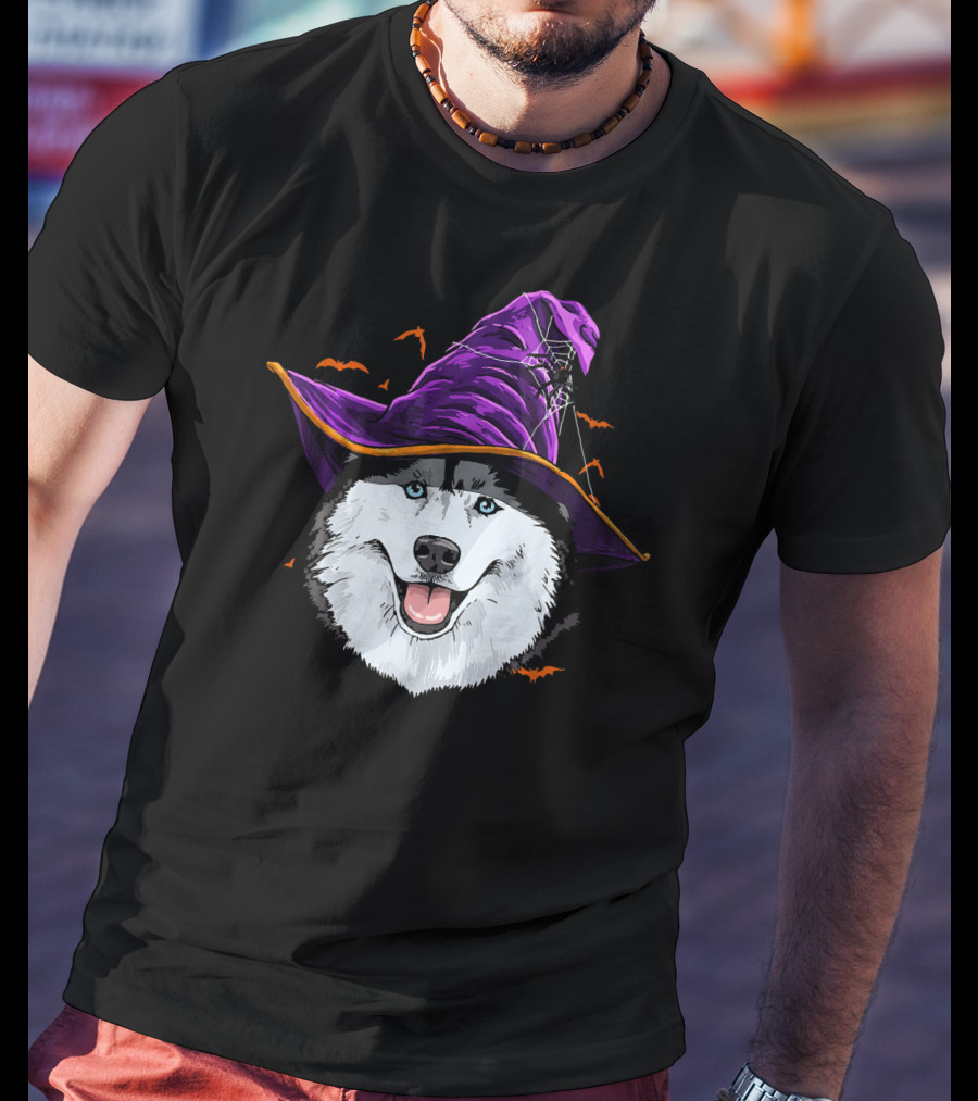 Siberian Husky Purple Witch Hat With Bats And Cobwebs T-Shirt