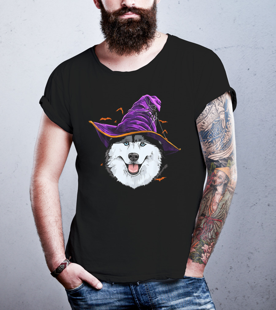 Siberian Husky Purple Witch Hat With Bats And Cobwebs T-Shirt