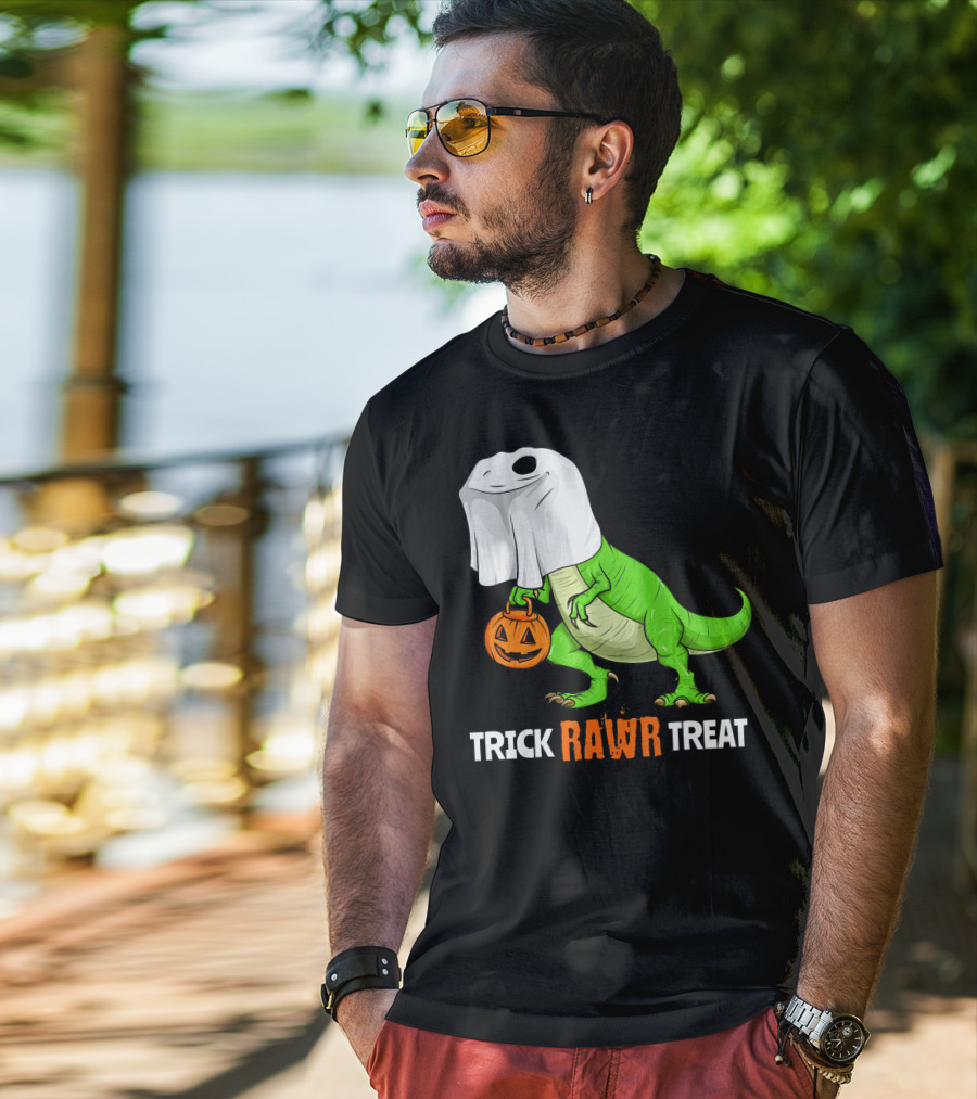 Trick RAWR Treat Halloween Rex Dinosaur Ghost Pumpkin T-Shirt