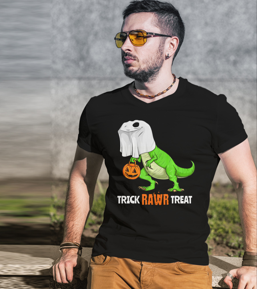 Trick RAWR Treat Halloween Rex Dinosaur Ghost Pumpkin T-Shirt