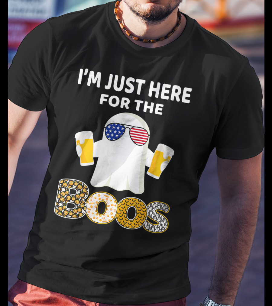 I'm Just Here For The Boos Ghost With American Flag Sunglasses And Beer T-Shirt