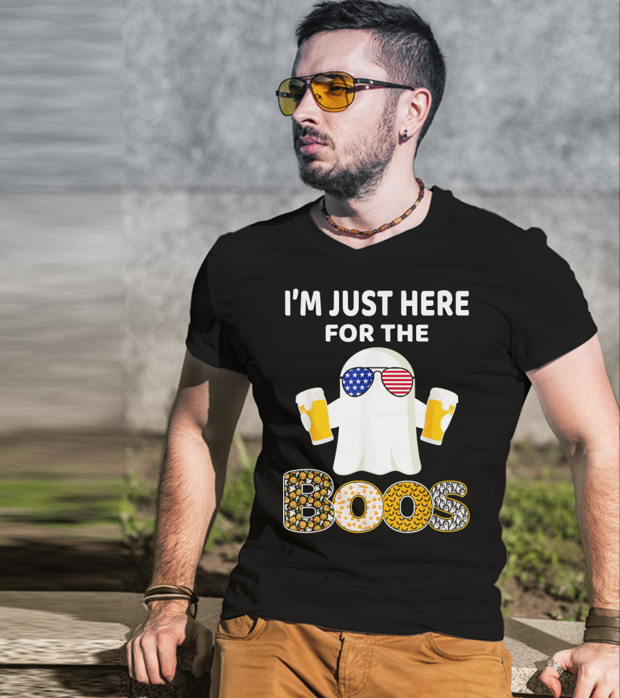 I'm Just Here For The Boos Ghost With American Flag Sunglasses And Beer T-Shirt