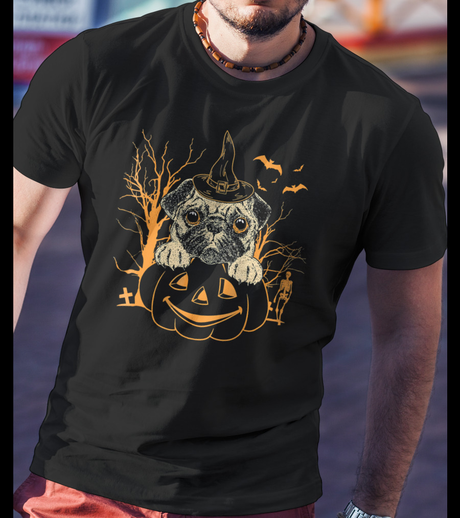 Halloween Pug Witch On Pumpkin With Skeleton And Bats T-Shirt