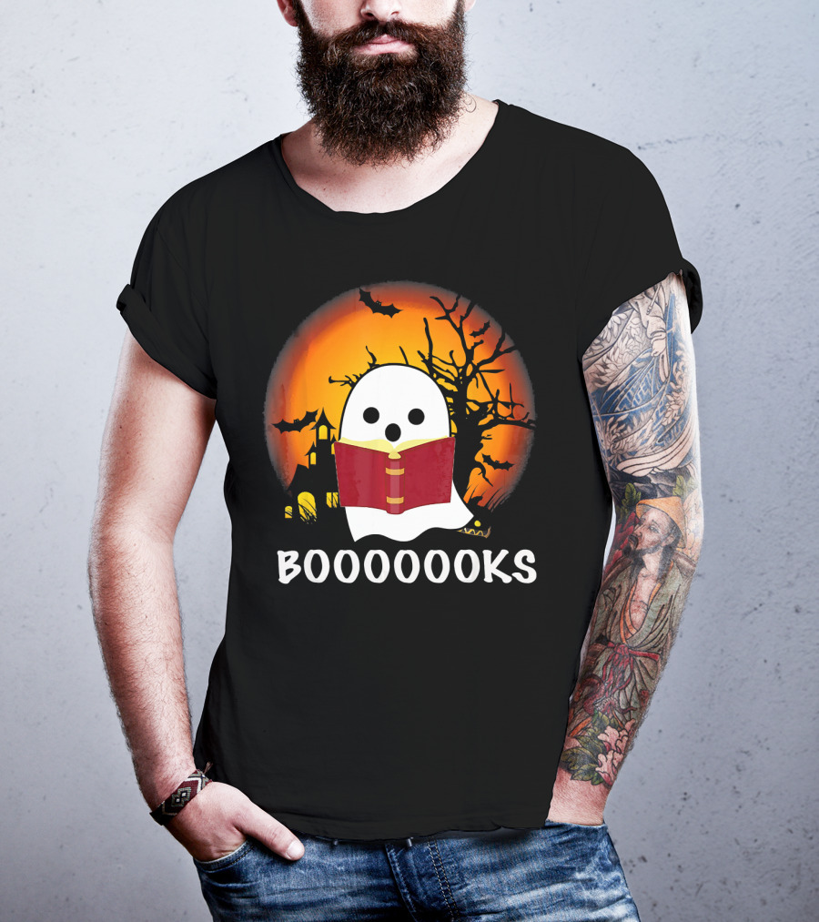 Boo Read Books Halloween Boooooooks Ghost With Red Book And Spooky Bats T-Shirt