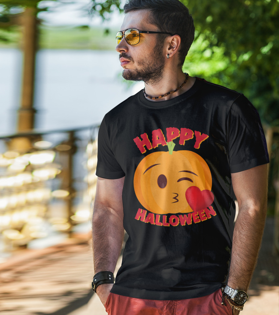 Happy Halloween Blowing Kiss Emoji Pumpkin T-Shirt